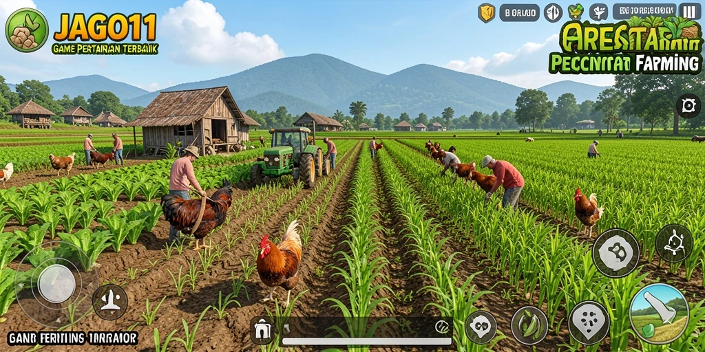 Tampilan gameplay JAGO11 yang menarik dengan pertanian yang subur.