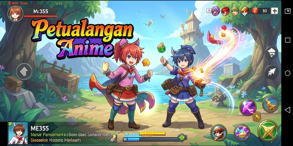 Gameplay ME355 yang penuh warna dan karakter anime yang hidup.