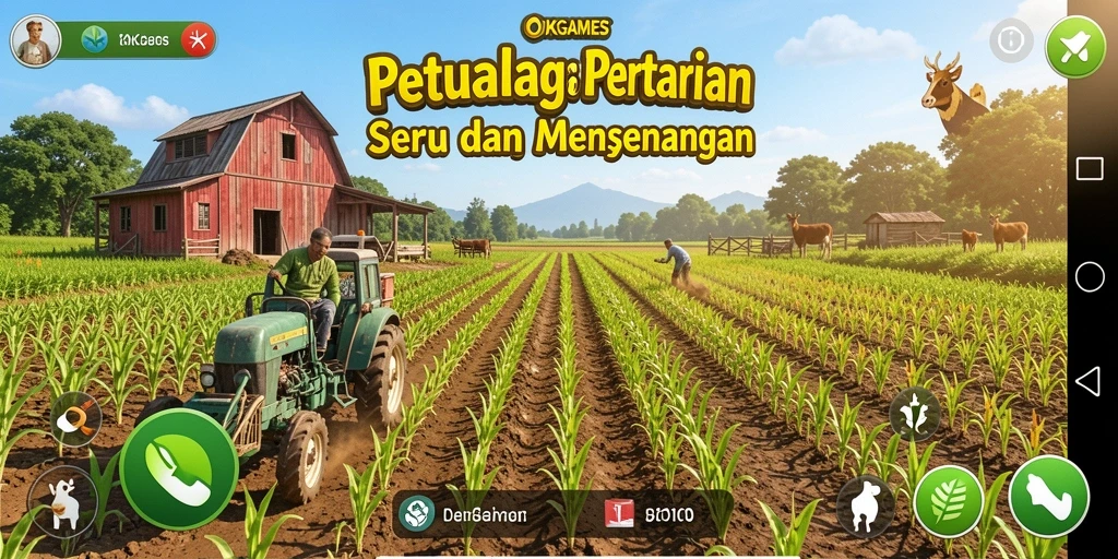 Screenshot gameplay OKGAMES menampilkan aktivitas pertanian yang seru dan berwarna.