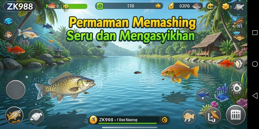Gameplay ZK988 menampilkan aksi memancing seru di laut yang indah.